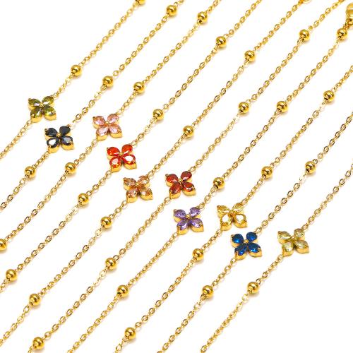 Stainless Steel Jewelry Necklace 304 Stainless Steel Flower Vacuum Ion Plating for woman & with rhinestone Sold By PC