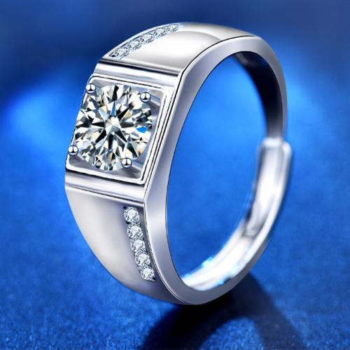 925 Sterling Silver Cuff Finger Ring with Moissanite Geometrical Pattern platinum plated adjustable & for man US Ring Sold By PC