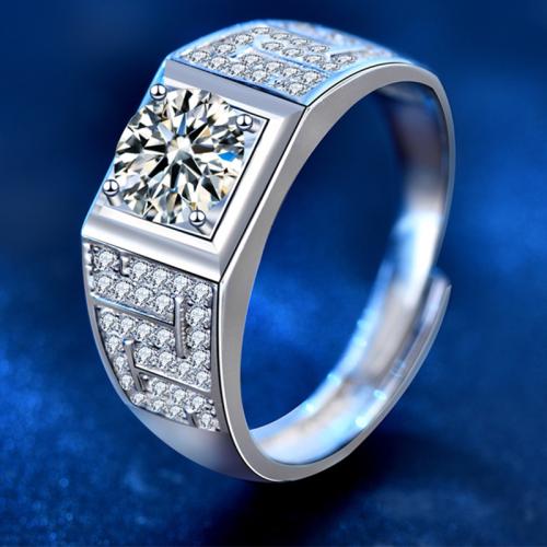 925 de prata esterlina Cuff Ring Finger, with Moissanite, Padrão Geométrico, platinado, joias de moda & para o homem, tamanho:7-10, vendido por PC
