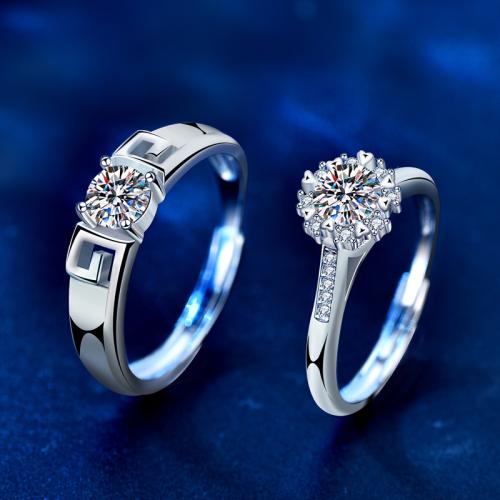 925 Sterling Silver Couple Ring with Moissanite Geometrical Pattern platinum plated adjustable & for couple Sold By PC