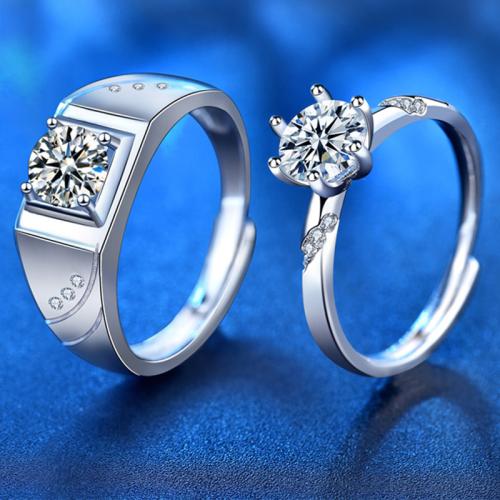 925 Sterling Silver Couple Ring, with Moissanite, Geometrical Pattern, platinum plated, adjustable & different styles for choice & for couple, Sold By PC