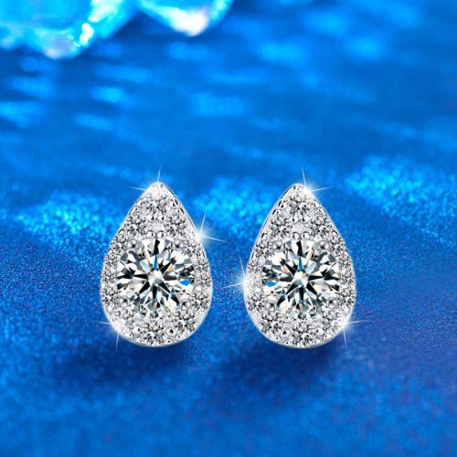 925 Sterling Silver Stud Earring, with Moissanite, Teardrop, platinum plated, fashion jewelry & for woman, 7.60x10.60mm, Sold By Pair