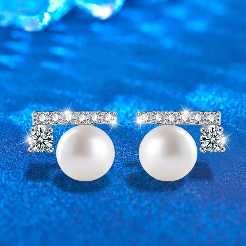 925 Sterling Silver Stud Earring with Moissanite & Freshwater Pearl Geometrical Pattern fashion jewelry & for woman Sold By Pair