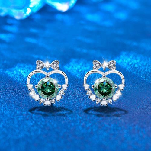 925 Sterling Silver Stud Earring, with Moissanite, Heart, fashion jewelry & for woman & hollow, more colors for choice, 9.50x10.30mm, Sold By Pair