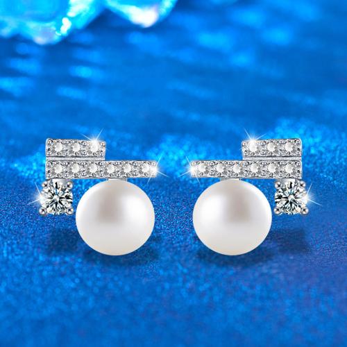 925 Sterling Silver Stud Earring, with Moissanite & Freshwater Pearl, Geometrical Pattern, fashion jewelry & for woman, 9.36x9.25mm, Sold By Pair