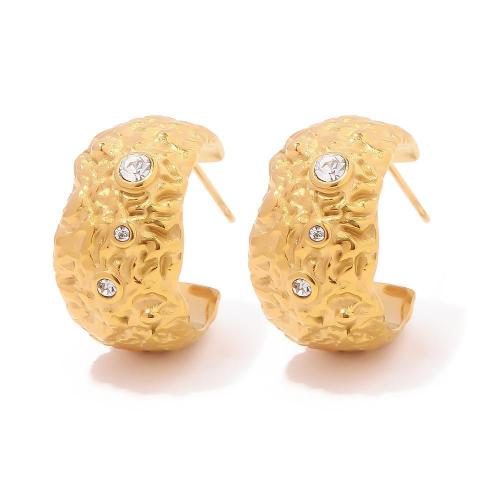 Stainless Steel Stud Earrings, 304 Stainless Steel, 18K gold plated, fashion jewelry & for woman & with rhinestone, golden, 22x13mm, Sold By Pair