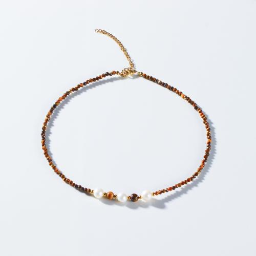 Gemstone smycken halsband, Tiger Eye, med Titan Stål & Plast Pearl, 18K guldpläterad, mode smycken & för kvinna, fler färger för val, Säljs av PC