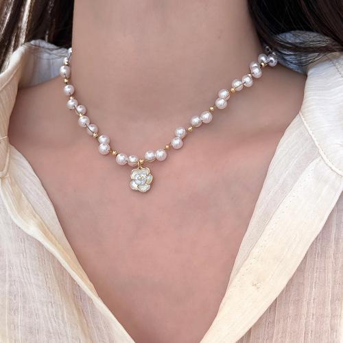 Brass Necklace, with Plastic Pearl, Flower, gold color plated, for woman & enamel, white, Length:45 cm, Sold By PC