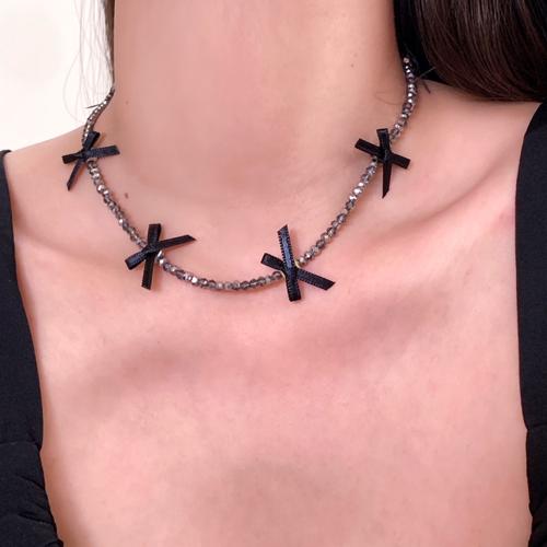 Tibetan Style Jewelry Necklace, with Cloth, Bowknot, silver color plated, for woman, black, Length:45 cm, Sold By PC