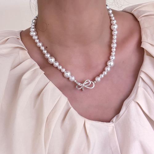 Tibetan Style Jewelry Necklace, with Plastic Pearl, Bowknot, silver color plated, for woman, white, Length:45 cm, Sold By PC