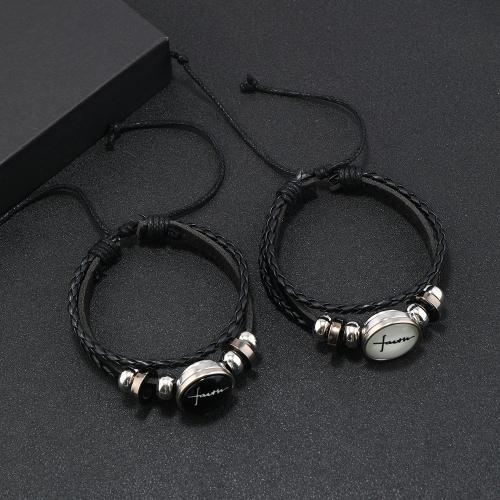 PU Leather Cord Bracelets with Glass & Copper Coated Plastic & Zinc Alloy handmade three layers & fashion jewelry & for man & luminated Sold By PC