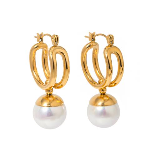 Stainless Steel Lever Back Earring, 304 Stainless Steel, with Plastic Pearl, 18K gold plated, fashion jewelry & for woman, 34x12mm, Sold By Pair