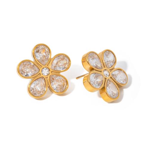 Stainless Steel Stud Earrings, 304 Stainless Steel, with Cubic Zirconia, Flower, 18K gold plated, fashion jewelry & for woman, 21.50x21.50mm, Sold By Pair