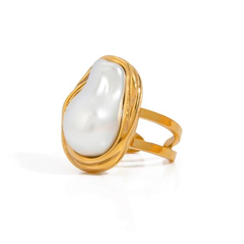 Stainless Steel Finger Ring 304 Stainless Steel with Plastic Pearl 18K gold plated fashion jewelry & for woman Sold By PC