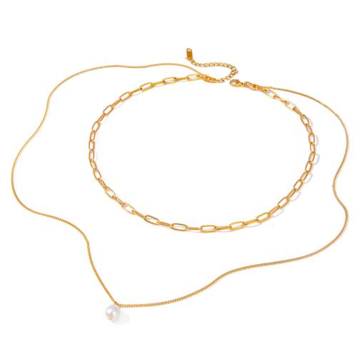 Stainless Steel Jewelry Necklace, 304 Stainless Steel, with Plastic Pearl, with 5cm extender chain, 18K gold plated, Double Layer & fashion jewelry & for woman, Length:Approx 39.5 cm, Approx 60.5 cm, Sold By PC