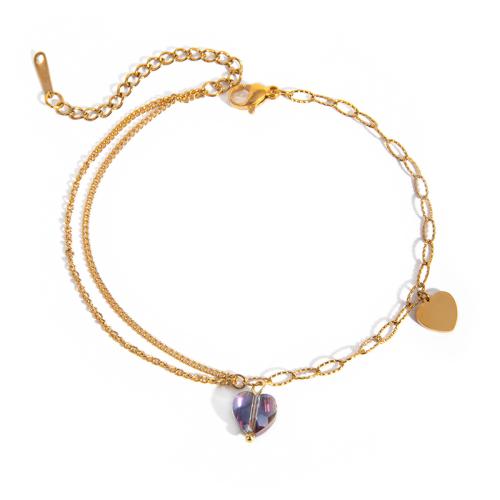 Stainless Steel Anklet, 304 Stainless Steel, with Gemstone, with 5cm extender chain, 18K gold plated, Double Layer & fashion jewelry & for woman, Length:20 cm, Sold By PC