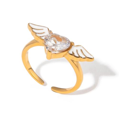 Cubic Zirconia Stainless Steel Finger Ring, 304 Stainless Steel, with Cubic Zirconia, Angel Wing, 18K gold plated, fashion jewelry & for woman, Sold By PC