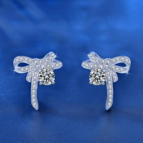 925 Sterling Silver Stud Earring, with Moissanite, Bowknot, platinum plated, Korean style & for woman, 12x18mm, Sold By Pair