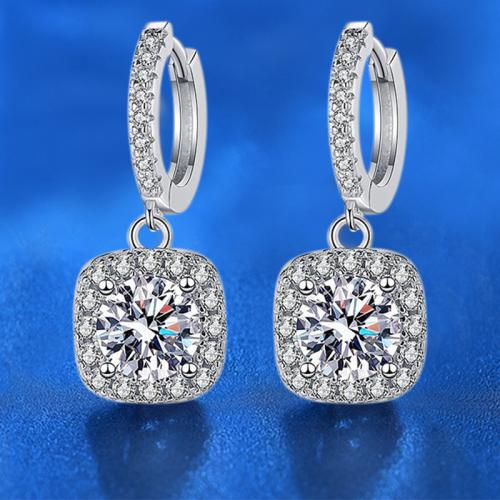 925 Sterling Silver Huggie Hoop Drop Earring, with Moissanite, Square, platinum plated, fashion jewelry & different styles for choice & for woman, Sold By Pair
