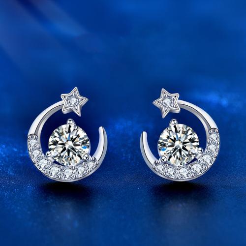 925 Sterling Silver Stud Earring with Moissanite Moon and Star platinum plated fashion jewelry & for woman 11mm Sold By Pair