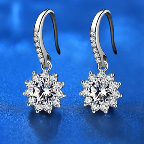 925 Sterling Silver Drop Earring, with Moissanite, Flower, platinum plated, fashion jewelry & different styles for choice & for woman, Sold By Pair