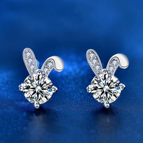 925 Sterling Silver Stud Earring, with Moissanite, Rabbit, platinum plated, fashion jewelry & for woman, 10mm, Sold By Pair