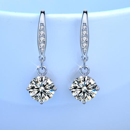925 Sterling Silver Drop Earring, with Moissanite, Geometrical Pattern, platinum plated, fashion jewelry & different styles for choice & for woman, 7.50x20mm, Sold By Pair