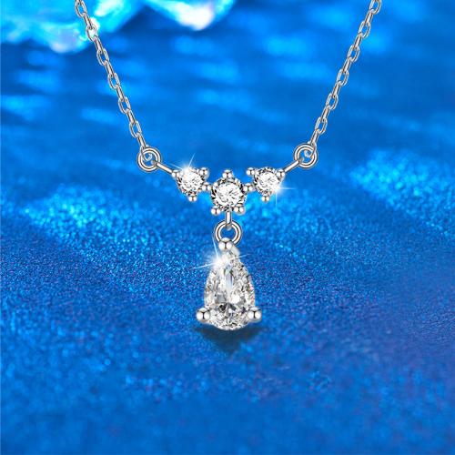 925 Sterling Silver Necklace, with Moissanite, with 2inch extender chain, Teardrop, platinum plated, cross chain & fashion jewelry & for woman, Length:Approx 15.7 Inch, Sold By PC