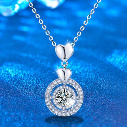 925 Sterling Silver Necklace, with Moissanite, with 2inch extender chain, Round, platinum plated, cross chain & for woman, Length:Approx 15.7 Inch, Sold By PC