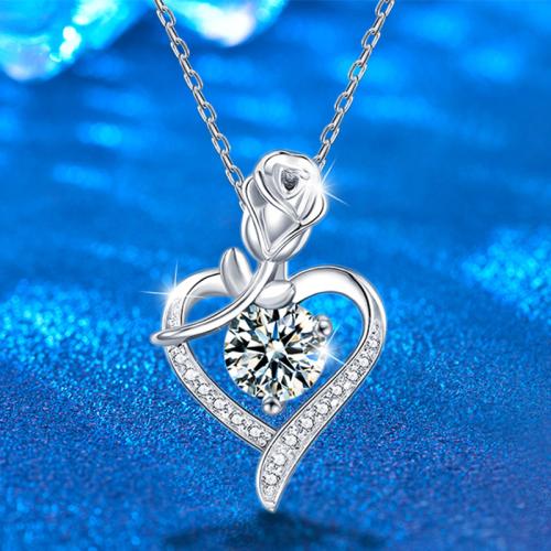 925 Sterling Silver Necklace with Moissanite Heart cross chain & for woman Length Approx 15.7 Inch Sold By PC