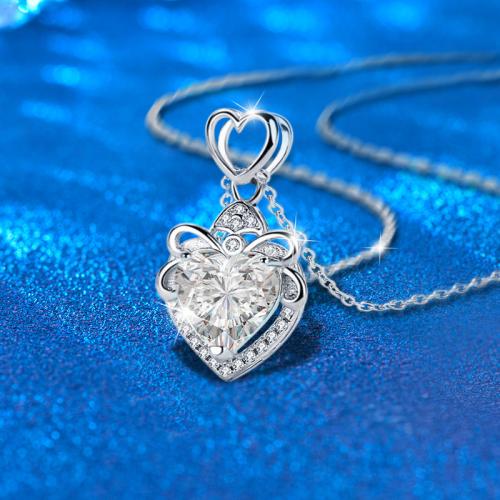 Argent sterling 925 collier, avec Moissanite, avec 2inch chaînes de rallonge, coeur, bijoux de mode & pour femme, Longueur:Environ 15.7 pouce, Vendu par PC