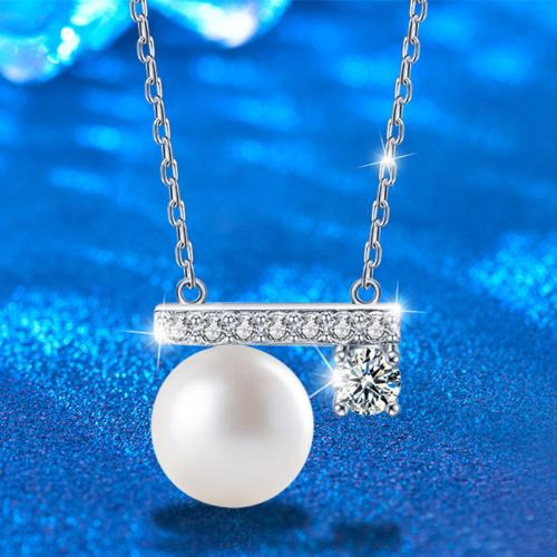 925 Sterling Silver Necklace with Moissanite & Freshwater Pearl with 2inch extender chain platinum plated cross chain & fashion jewelry & for woman Length Approx 15.7 Inch Sold By PC