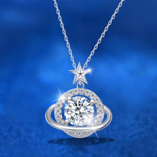 925 Sterling Silver Necklace with Moissanite with 2inch extender chain platinum plated for woman & hollow Length Approx 15.7 Inch Sold By PC