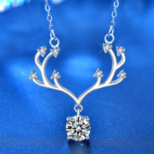 925 Sterling Silver Necklace with Moissanite with 2inch extender chain Antlers platinum plated cross chain & for woman Length Approx 15.7 Inch Sold By PC