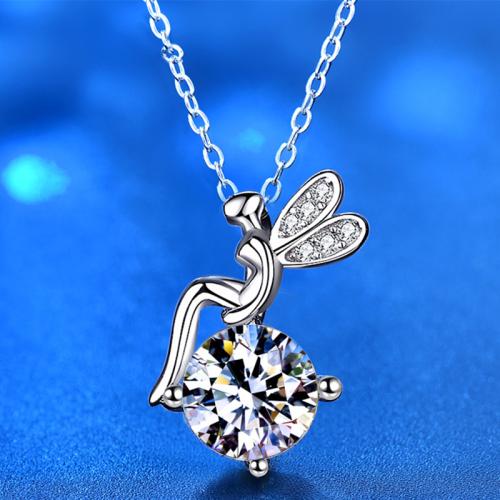 925 Sterling Silver Necklace, with Moissanite, with 2inch extender chain, Fairy, platinum plated, cross chain & for woman, Length:Approx 15.7 Inch, Sold By PC