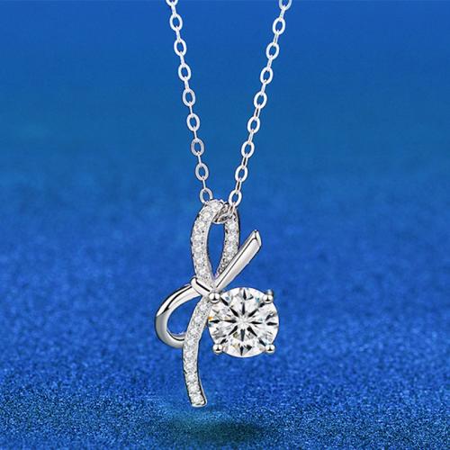 925 Sterling Silver Necklace, with Moissanite, with 2inch extender chain, Bowknot, platinum plated, fashion jewelry & for woman & hollow, Length:Approx 15.7 Inch, Sold By PC