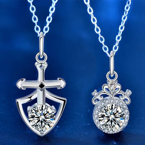 925 Sterling Silver Couple Necklace with Moissanite with 2inch extender chain platinum plated cross chain & for couple Length Approx 15.7 Inch Sold By PC