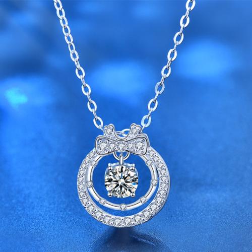 925 Sterling Silver Necklace, with Moissanite, with 2inch extender chain, Bowknot, platinum plated, cross chain & for woman & hollow, Length:Approx 15.7 Inch, Sold By PC