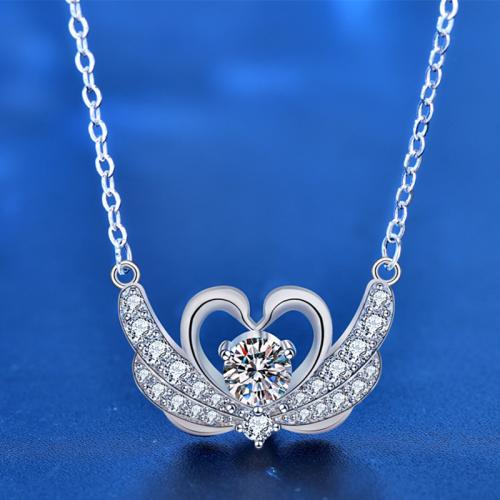 925 Sterling Silver Necklace, with Moissanite, with 2inch extender chain, Swan, platinum plated, cross chain & for woman, Length:Approx 15.7 Inch, Sold By PC