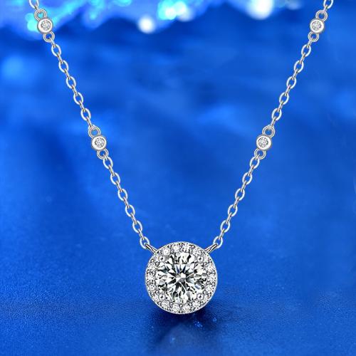 925 Sterling Silver Necklace, with Moissanite, with 2inch extender chain, Round, platinum plated, cross chain & for woman, Length:Approx 15.7 Inch, Sold By PC
