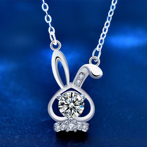 925 Sterling Silver Necklace, with Moissanite, with 2inch extender chain, Rabbit, platinum plated, cross chain & for woman & hollow, Length:Approx 15.7 Inch, Sold By PC
