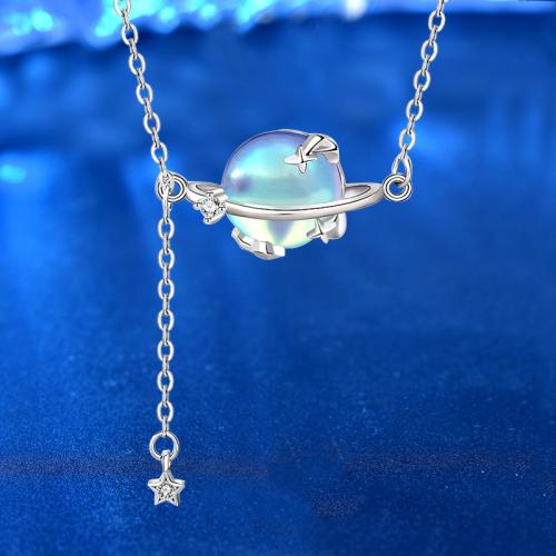925 Sterling Silver Necklace, with Moonstone, with 2inch extender chain, platinum plated, cross chain & for woman, Length:Approx 15.7 Inch, Sold By PC