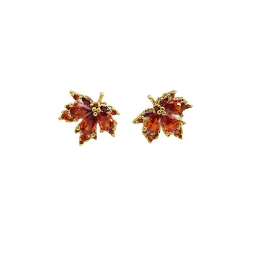 Cubic Zirconia Micro Pave Brass Earring, Maple Leaf, 18K gold plated, fashion jewelry & micro pave cubic zirconia & for woman, red, 15mm, Sold By Pair