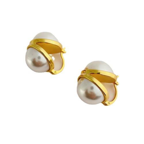 Brass Hoop Earring, with Plastic Pearl, 18K gold plated, fashion jewelry & for woman, white, 12x15mm, Sold By Pair