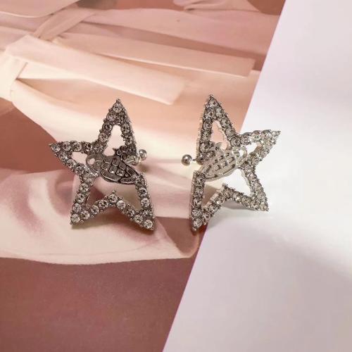 Brass Earring Clip, Star, fashion jewelry & for woman & with rhinestone & hollow, silver color, Sold By Pair