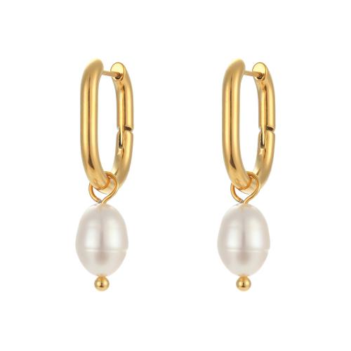 Stainless Steel Lever Back Earring, 304 Stainless Steel, with Plastic Pearl, 18K gold plated, fashion jewelry & for woman, golden, Sold By Pair