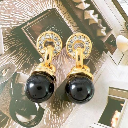 Tibetan Style Stud Earring, with Plastic Pearl, fashion jewelry & for woman & with rhinestone, golden, 50mm, Sold By Pair