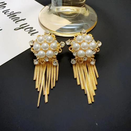 Fashion Fringe Earrings, Tibetan Style, with Plastic Pearl, fashion jewelry & for woman, golden, 56mm, Sold By Pair