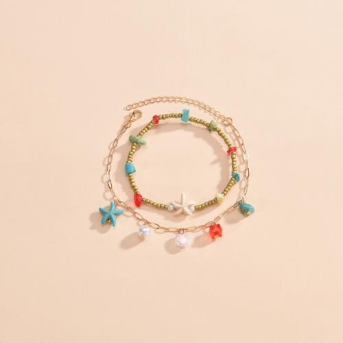 Bracelet de cheville en alliage de zinc, avec turquoise & perle de plastique, 2 pièces & bijoux de mode & pour femme, Vendu par fixé