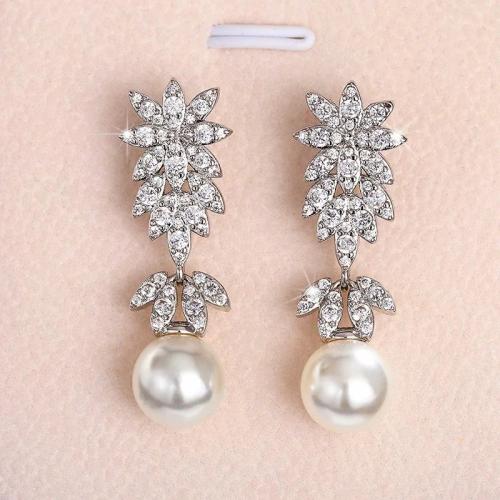 Cubic Zirconia Micro Pave Brass Earring, with Plastic Pearl, micro pave cubic zirconia & for woman, 34mm, Sold By Pair